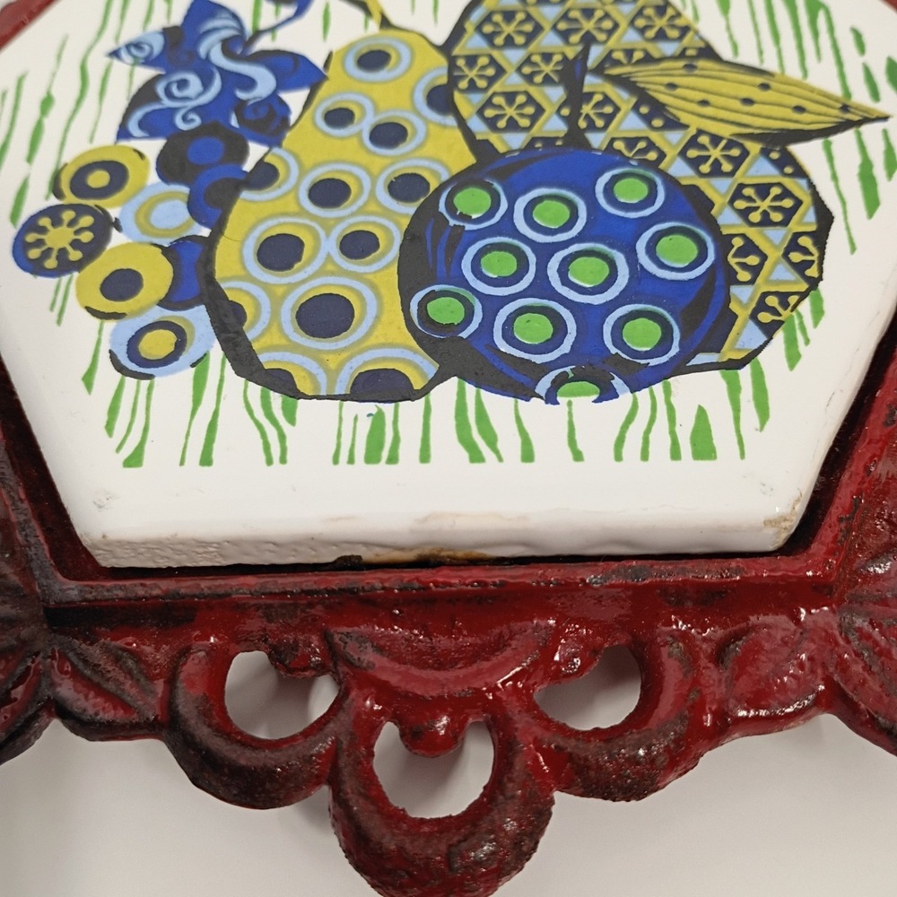 Ceramic Tile Cast Iron Hot Plate Trivet Fruit Retro Wall Hanging -Blue Green Red - Picture 3 of 7